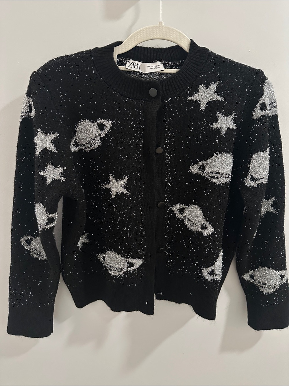 Zara Black Cardigan with Metallic Silver Planet & Star Motif